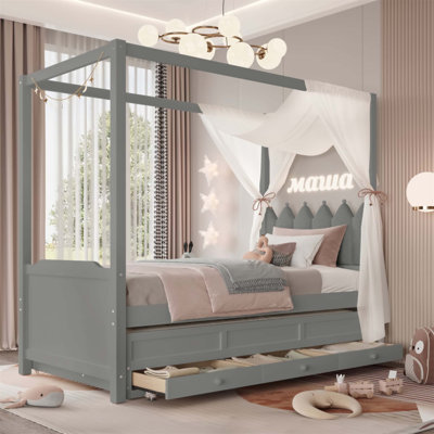 Enchanting Princess Canopy Bed With Trundle And Storage, Ideal For Kids' Rooms And Space Efficiency