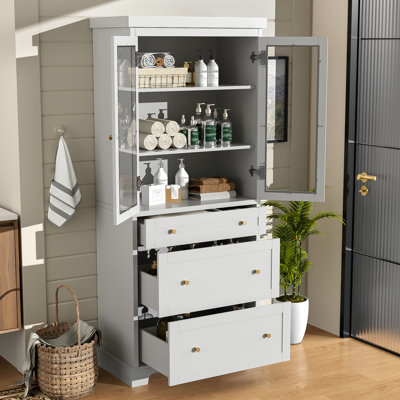Tall Freestanding Storage Cabinet with Glass Doors & 3 Drawers Adjustable Shelves, Soft-Close Design