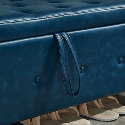 Banc avec repose-pieds 48 po avec rangement, banc pour chambre à coucher, salon, couloir, repose-pieds capitonné en similicuir bleu