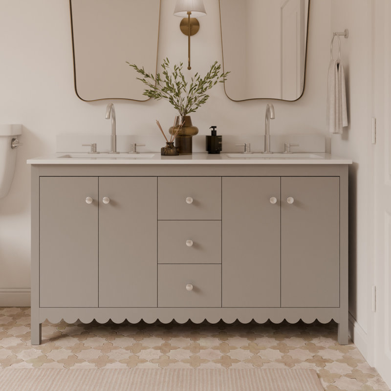 Meuble-lavabo à double cuve festonné 60 po - gris clair - avec plateau - boutons en nickel brossé, Blanc / nickel brossé