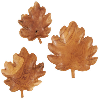 Elser Teak Wood Handmade Carved Leaf Decor Brown Tray Set