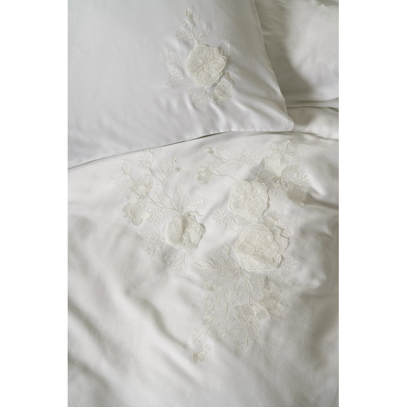Luxurious Satin Double Quilt Cover Set, 100% Cotton, White | Includes 79 x 87 Duvet Cover, 94 x 102 Flat Sheet, 2 Pillowcases 20 x 28, 2 Oxford Pillowcases | Embroidered, Reactive Printing, Machine Washable
