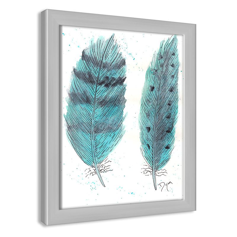 «Feathers in Turquoise II», art encadré, H 11 po x l 9 po x P 1,18 po, Cadre argenté