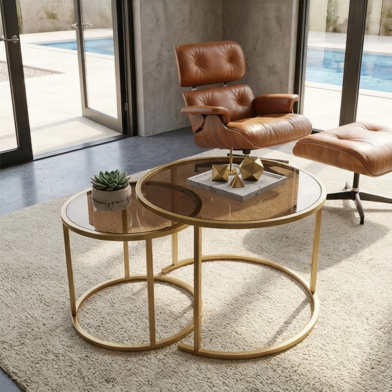 Ensemble de 2 tables basses Modern Modern, Marron clair, Doré