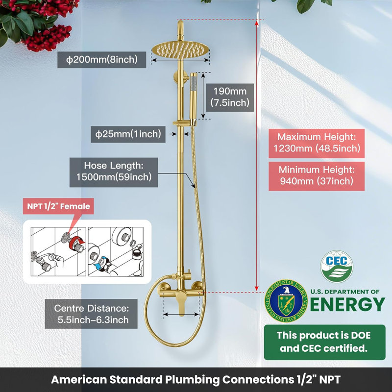 Outdoor Shower System with 8'' Rain Shower Head and Handheld Spray, SUS304 Stainless Steel Wall Mounted Dual Function Shower Fixture
