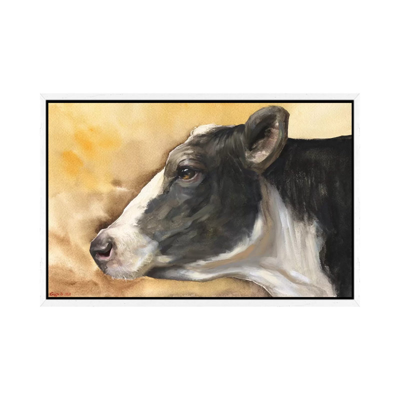 Cow With Background by George Dyachenko - Painting on Canvas, 101.6cm H x 152.4cm W x 3.81cm D, White Framed