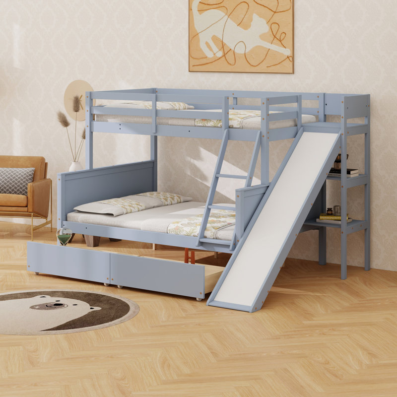 Lit superposé avec 2 tiroirs, glissière, tablettes, échelle, Gris