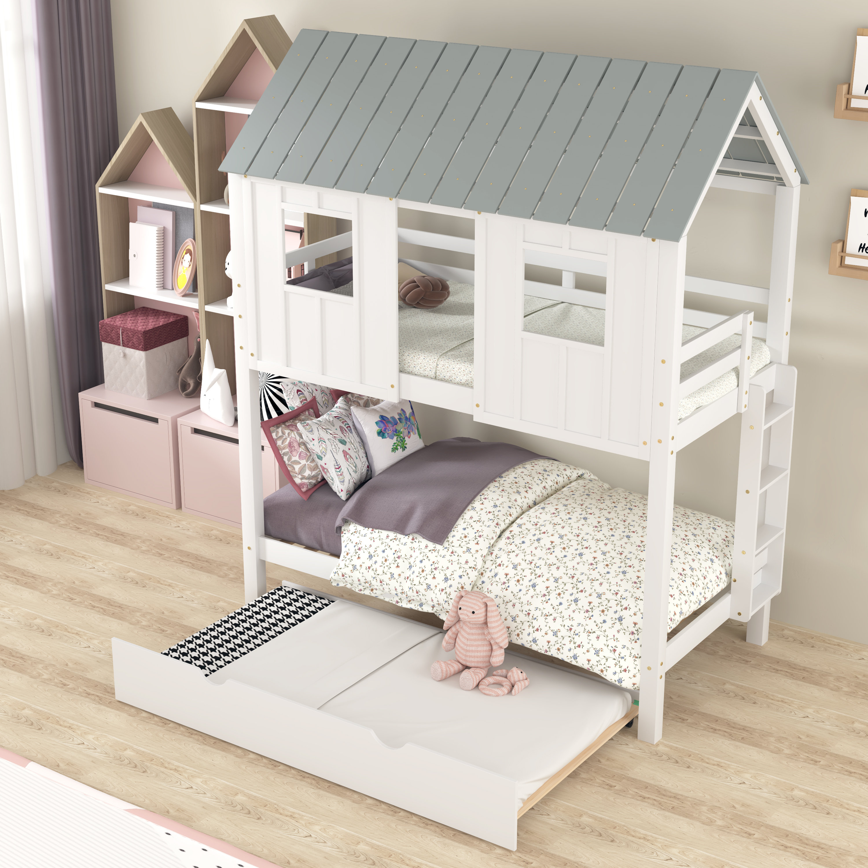 Harper Orchard House Bunk Bed With Trundle,Roof And Windows & Reviews ...