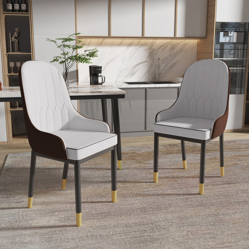 Libenson Faux Leather Side Chair Upholstered Dining Arm Chairs with Metal Leg, White/Brown