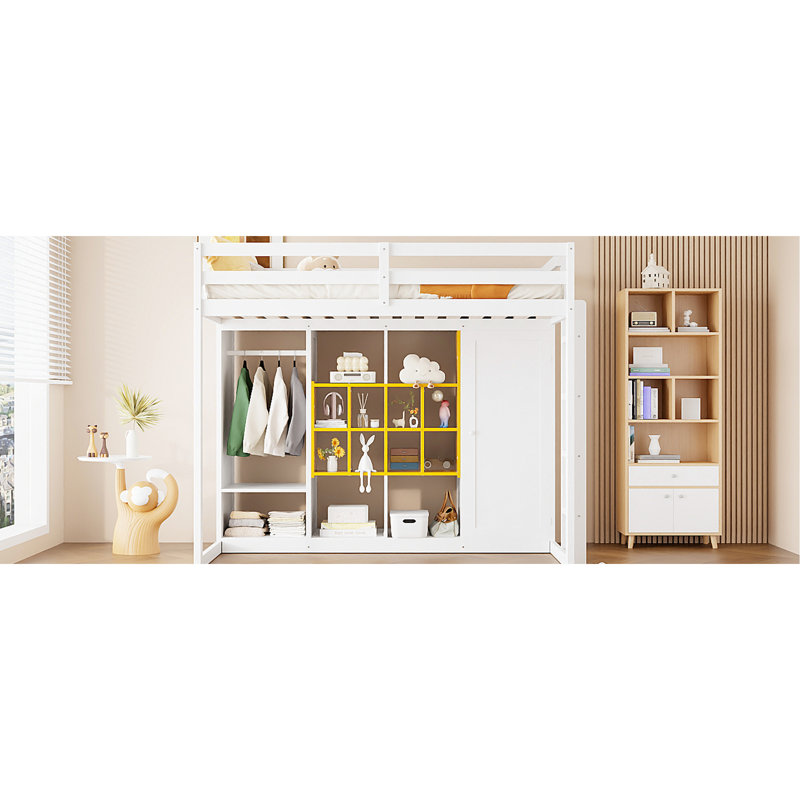 Twin Wood Loft Bed In White And Yellow, Colorful Shelves, Storage For Essentials, Safe Over 6 Years Old Size Bed, + Yellow Design, Reversible Staircase, Full - Length Guardrails, Space Saving Small