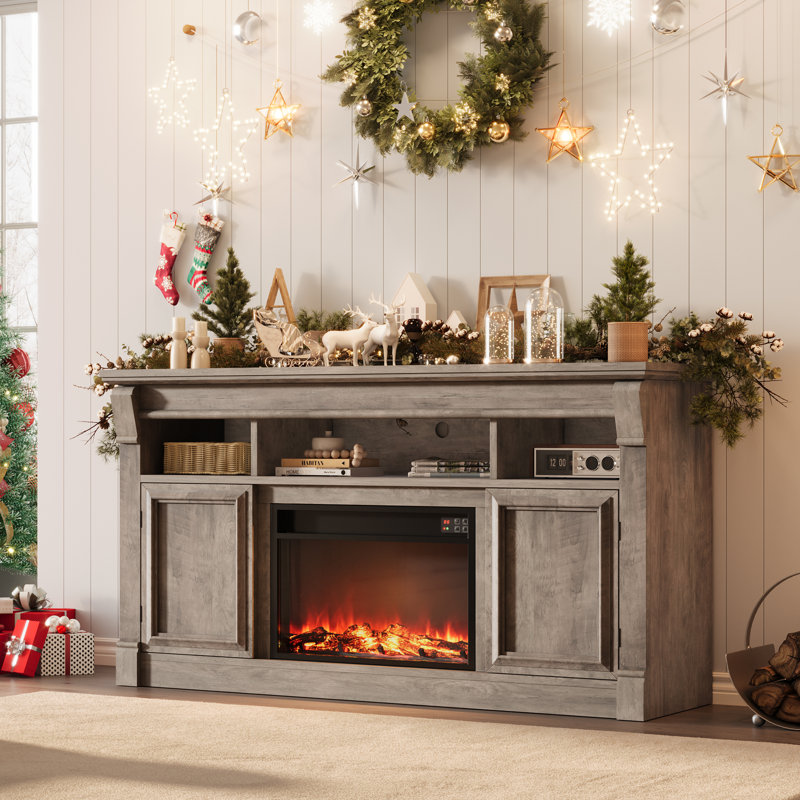 59" Farmhouse TV Stand for TVs Up to 65 Inches, Entertainment Center with Open Storage Cabinets, Gray