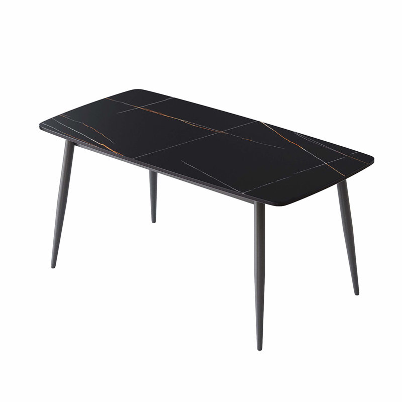 62.99 Inch Black Curved Edge Artificial Stone Dining Table, Dark Grey Metal Leg 6 Seater Kitchen Table, Black/Dark Gray