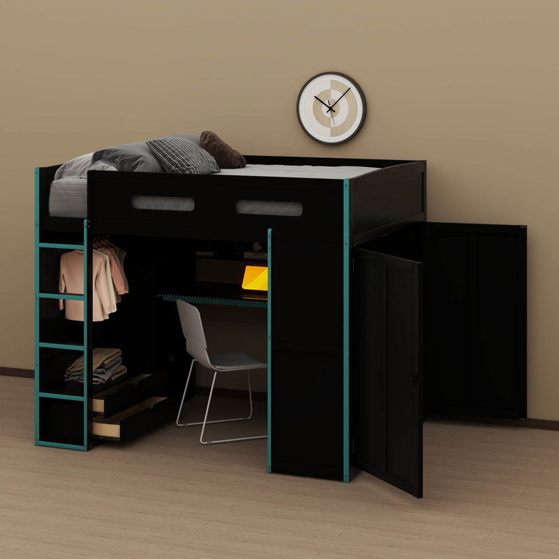 Full Size Wood Loft Bed With Desk,Wardrobe,Ample Storage Space,And RGB LED Light, Cloud Blue