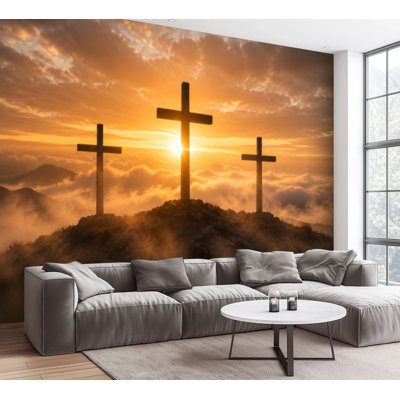 Wall Mural Peel and Stick Wallpaper Christian Crosses Bathed Heavenly Light Self-Adhesive Removable Contact Paper Wall Decor for Living Room Bedroom 100"H x 144"W