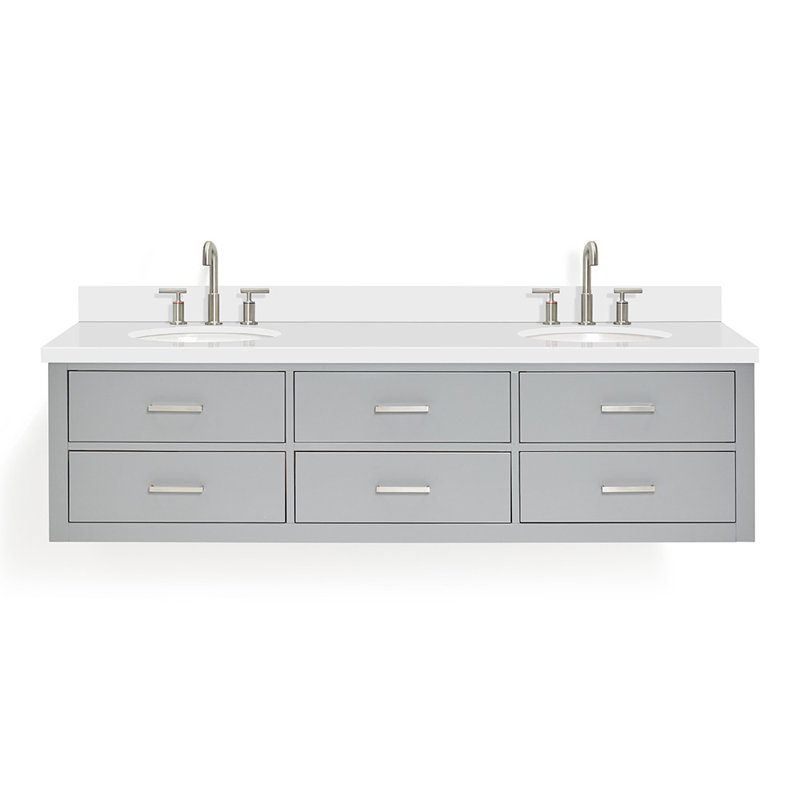 73'' W Double Vanity, Pure White Quartz, Gray, Brushed Nickel