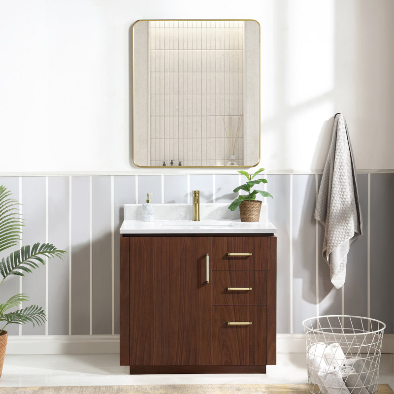 Cloverfield 36'' Single Bathroom Vanity with Cultured Marble Top, Natural Walnut, Gold