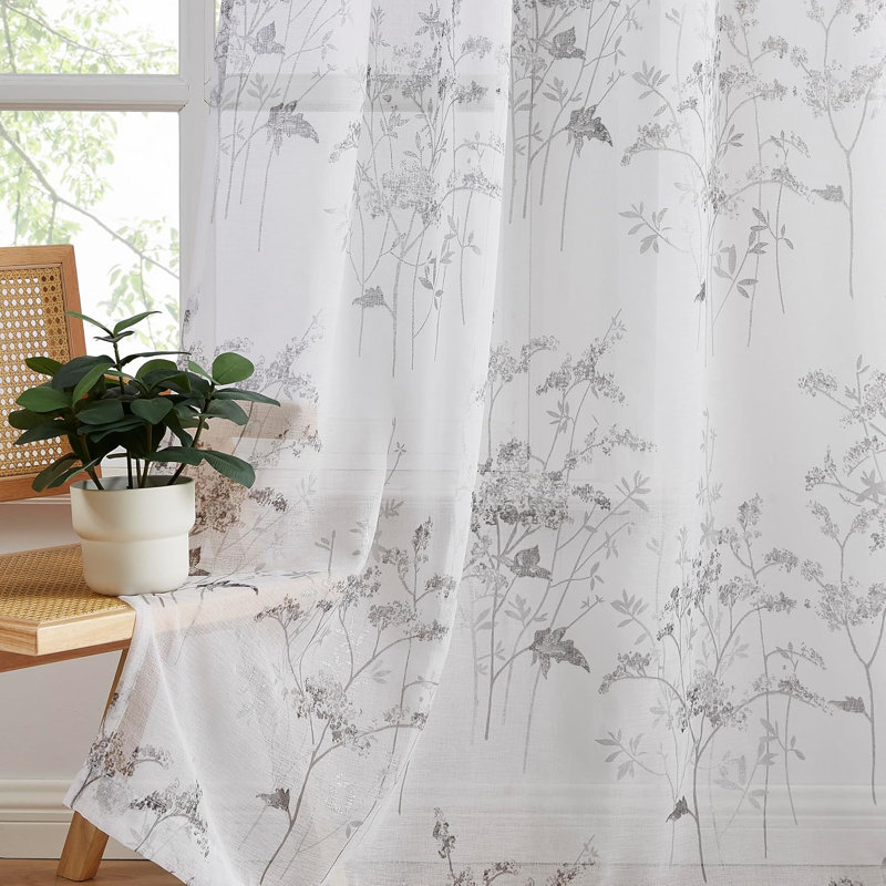 Magnifiques rideaux à motif floral boho pour le salon en 4, Argent argent, L 54 po x L 63 po