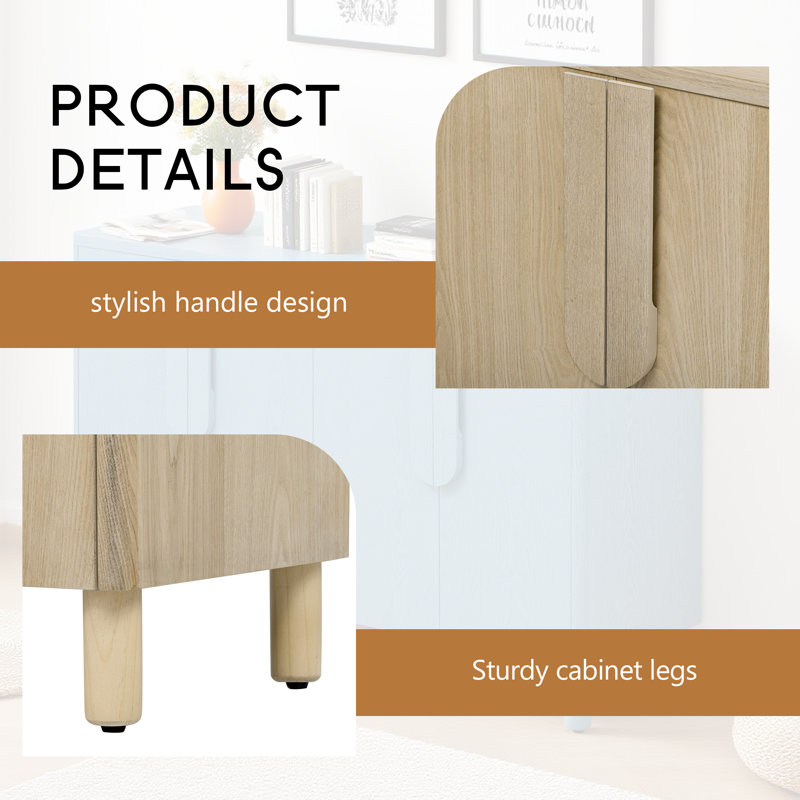 Buffet 4 portes en bois avec tablettes réglables, Naturel