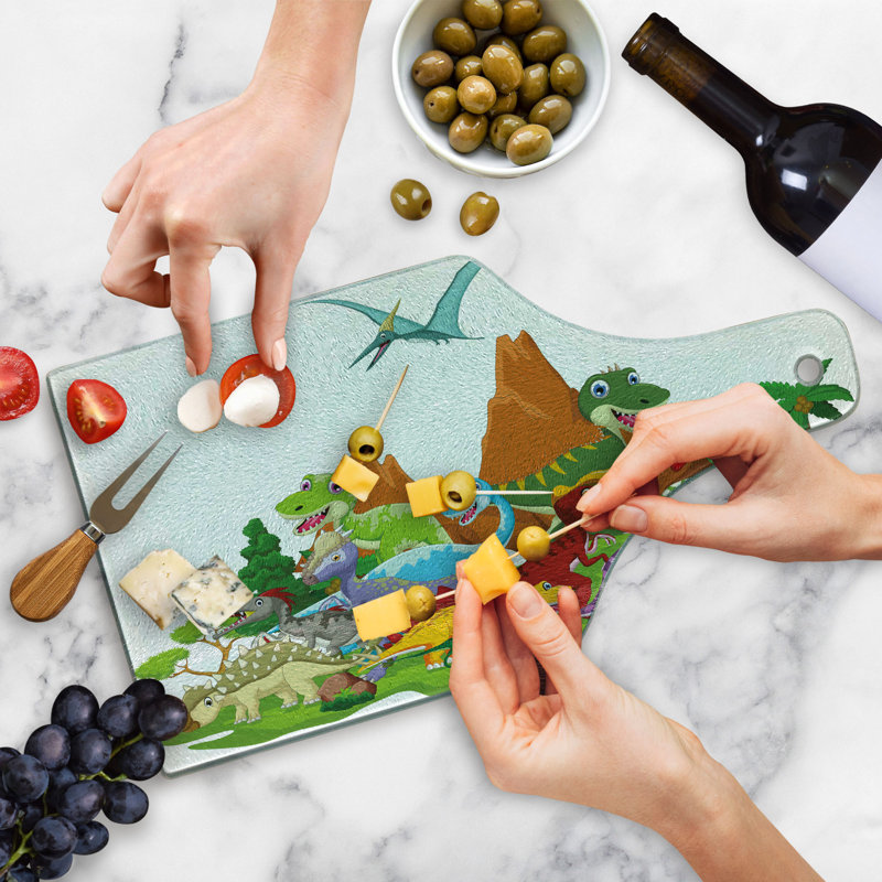 Ambesonne Dinosaur Tempered Glass Cutting Board Funny Creatures Trees Multicolor