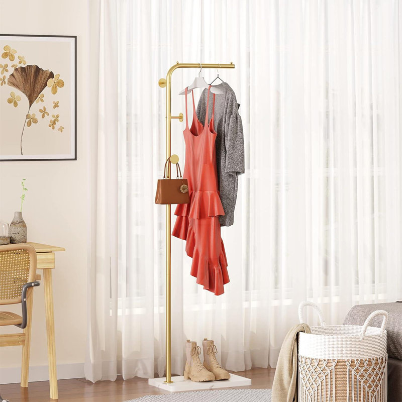 Metal Coat Rack With 4 Hooks And Stable Base, Modern Coat Tree With Crossbar, L Shaped Coat Hanger Stand, Perchero De Pie, Free Standing Coat Rack For Entryway And Corner, Gold Coat Rack