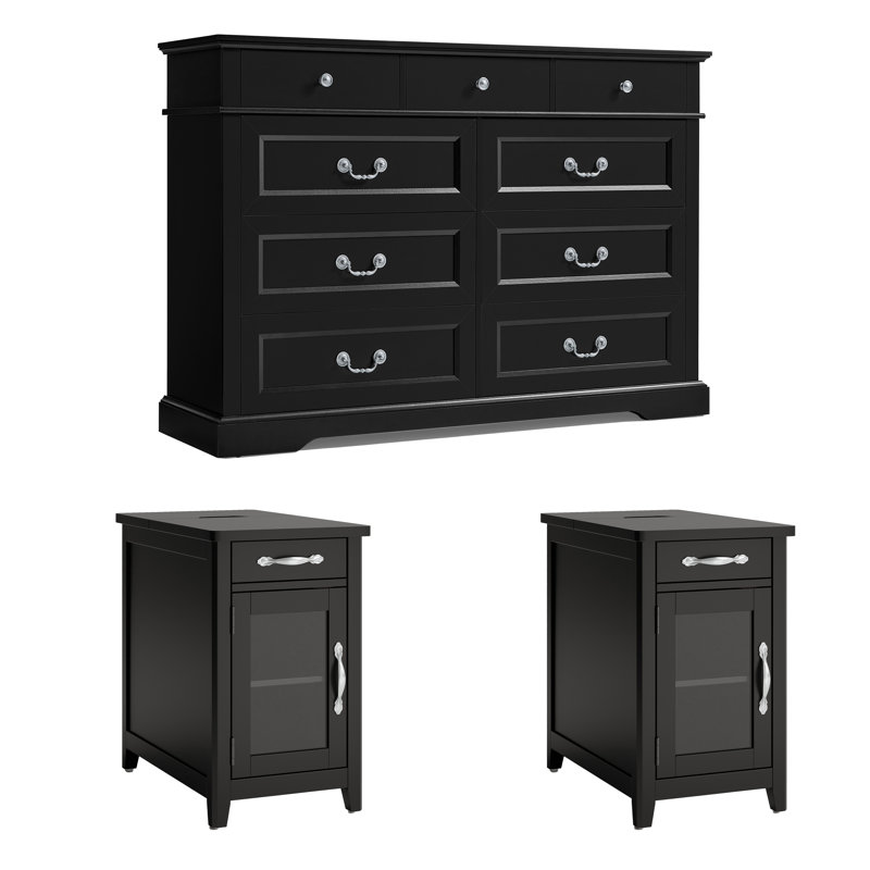 L'ensemble de chambre à coucher 3 pièces comprend une commode à 9 tiroirs et deux tables de chevet, Noir