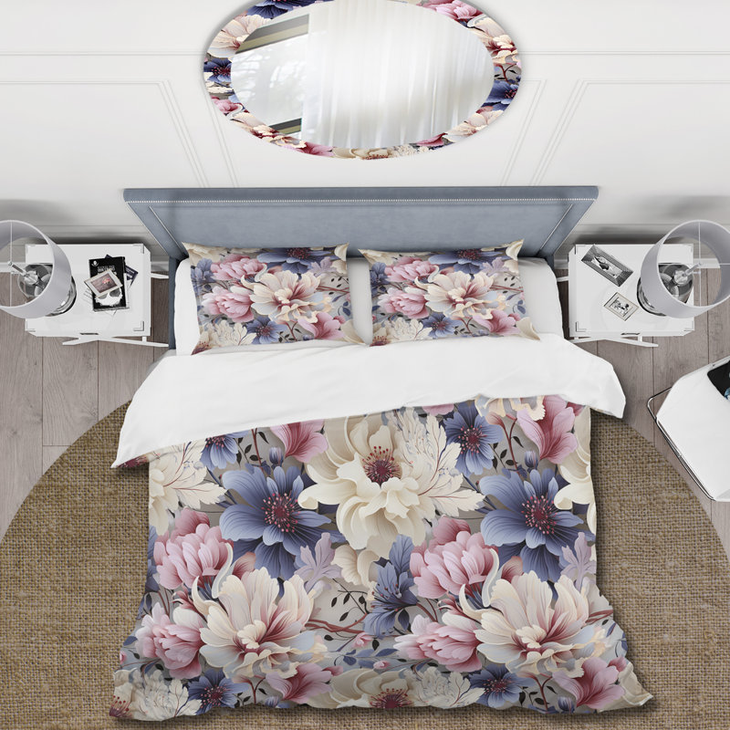 Ensemble de housse de couette à motif floral victorien mauve et blanc II, Housse de couette simple + 1 taie décorative stan
