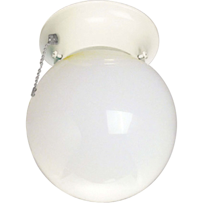 1-Light 6"W Indoor White Round Flush Mount with White Glass with Built-In Switch and Pull Chain, White