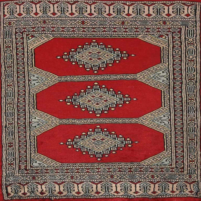 Tapis rouge/rose/brun traditionnel, Carré 3 pi