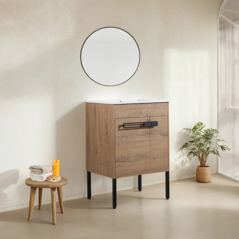 Ensemble de meuble-lavabo simple 24,04 po avec plateau en céramique Keyvan, Naturel, 24"