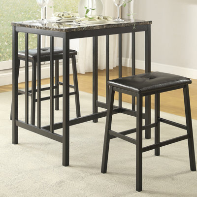 Stylish Metal Counter Height Set With Faux Marble Tabletop And Faux Leather Stools For Dining And Entertaining