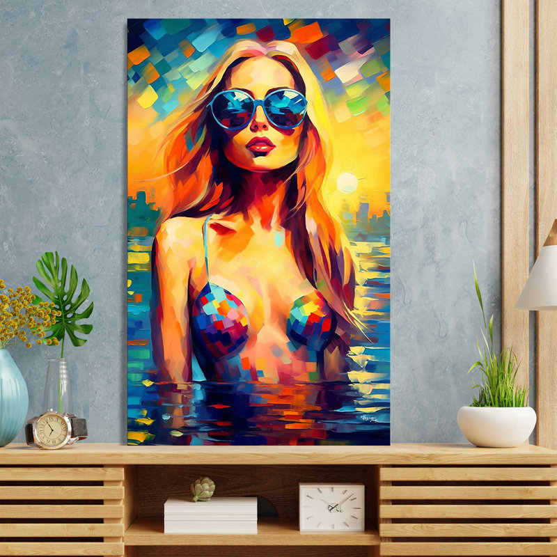 Summer Girl in Bikini - peinture sur toile tendue, H 30 po x l 18 po x P 1 po