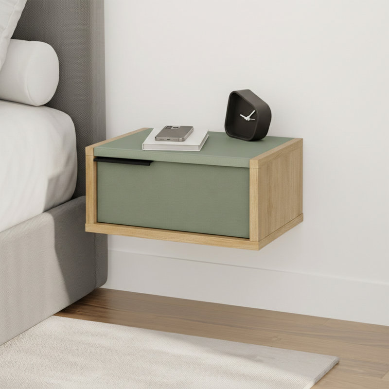  Eco Floating Bedside Table With Drawer And Metal Handle, Bedroom, Ash Green/Oak