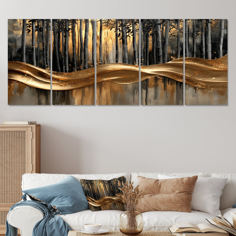 «Golden Arashi Yama Bamboo River III» - décoration murale en bambou - art mural traditionnel, H 28 po x l 60 po, 5