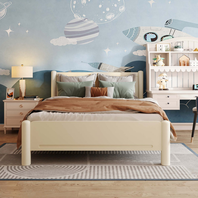 Queen Size Solid Wood Platform Bed Frame with Headboard, No Box Spring Required, Beige;Natural