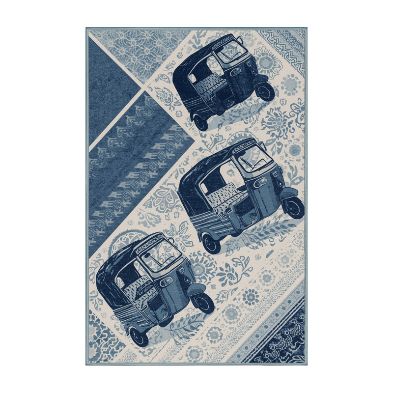 Machine Washable Kendari Tuk Tuk Rickshaw Bohemian Block Print Rug in Gray – SkyBlue Binding, 3x5