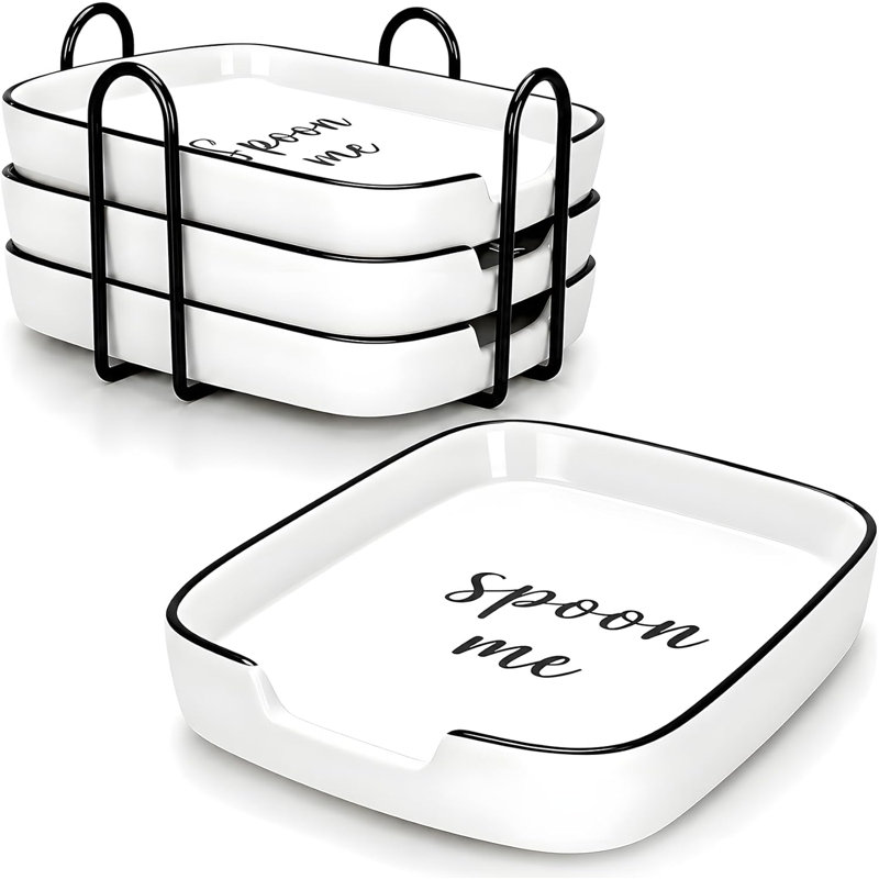 Ensemble de 4 repose-cuillère en céramique blanche pour dessus de cuisinière, ensemble de repose-cuillère durable avec support en métal