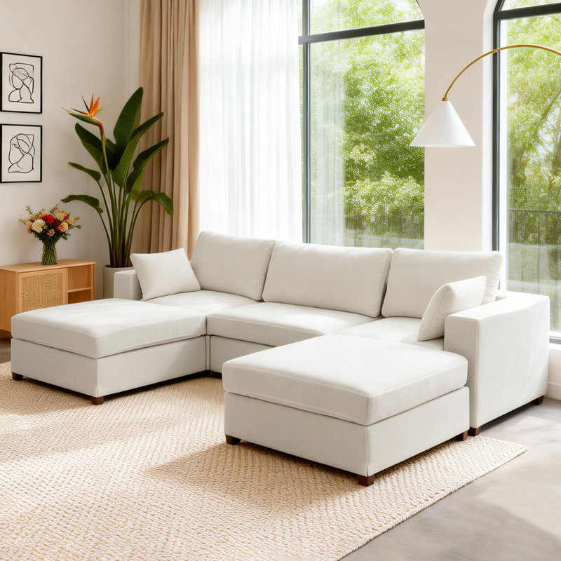 Canapé d'angle rembourré avec 2 repose-pieds, Lin beige, H 26 po x l 113,3 po x P 37,8 po