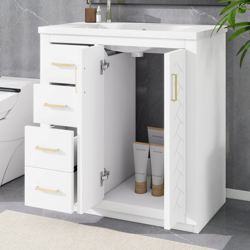 Meuble-lavabo sur pied 36 po avec lavabo en céramique, armoire de rangement moderne à 3 tiroirs et 2 portes, Blanc
