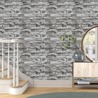 32.8Ft Peel And Stick Grey Wallpaper Stone Brick Wallpaper Self-Adhesive Backsplash Decorative Wallpaper Wall Covering