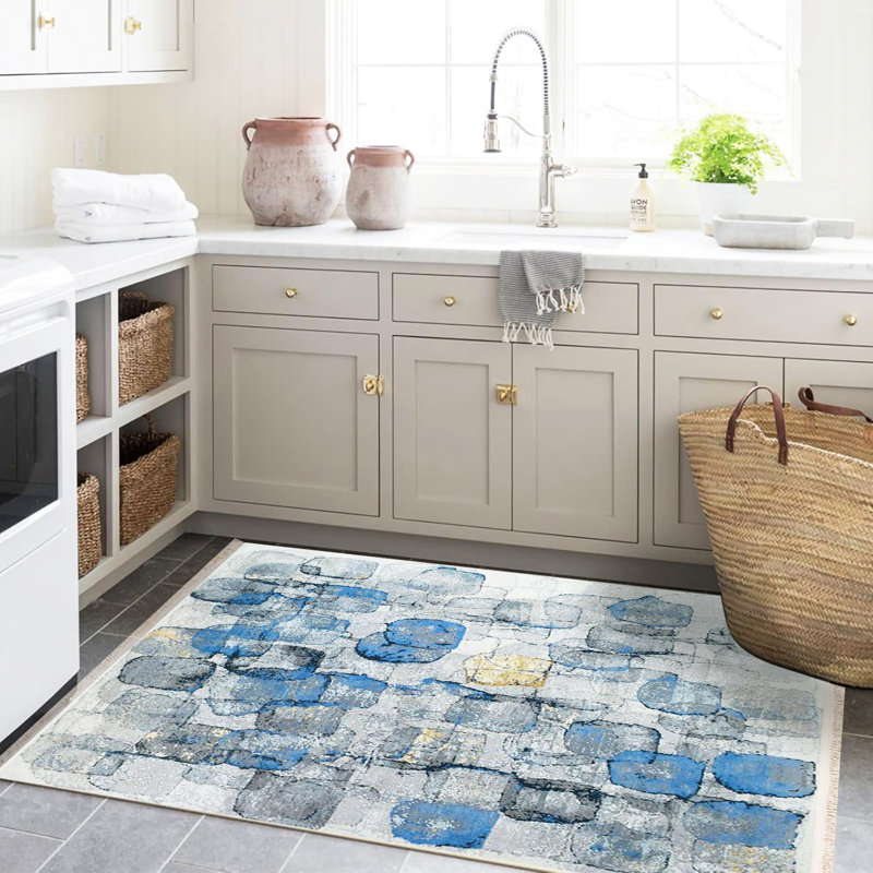 Tapis décoratif moderne à motif abstrait bleu et gris de la collection Barcelona, Rectangle 4 pi 7,12 po x 6 pi 6,74 po