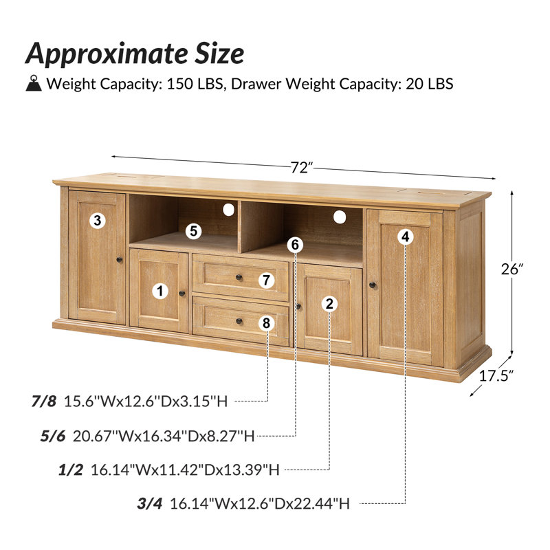 Tinslee 72"W  Traditional TV Stand Charging Station with Cable Management and LED Lighting Strips, Natural