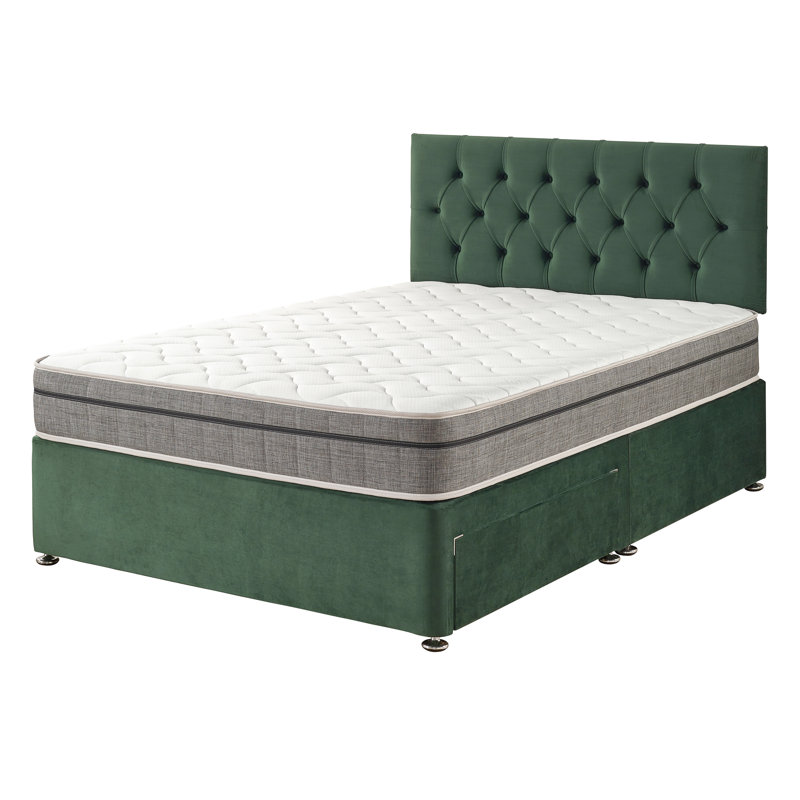 Opie Upholstered Bed with Mattress, Small Single (2'6), Pine Green, No Drawers