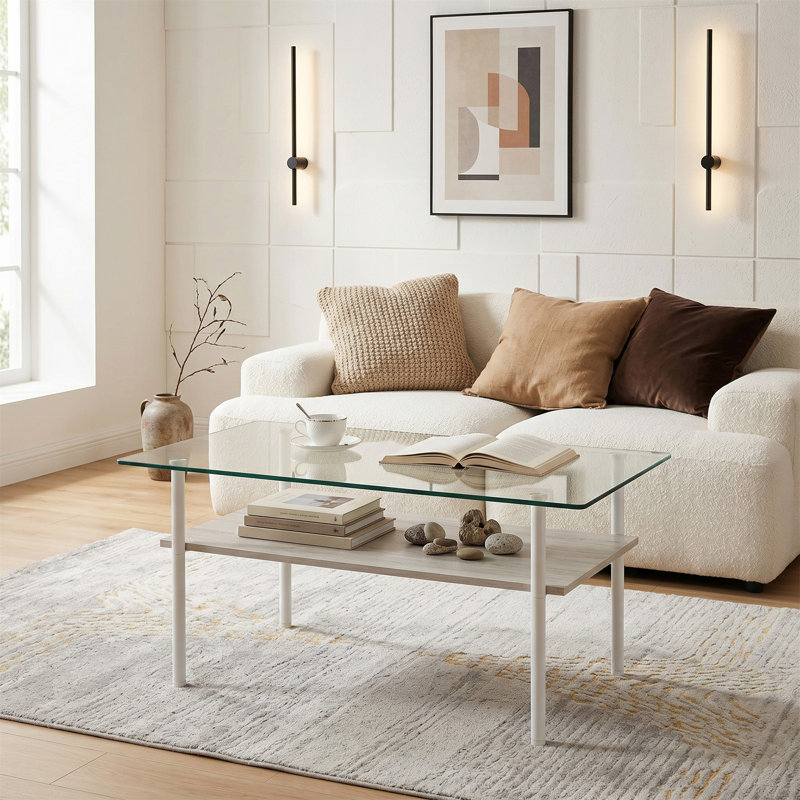 Table basse moderne en verre pour salon, Transparent / Blanc