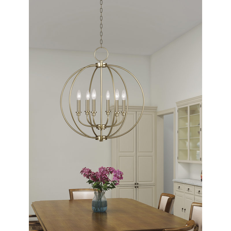 Lustre en forme de globe à 6 lumières de style bougie, Laiton antique