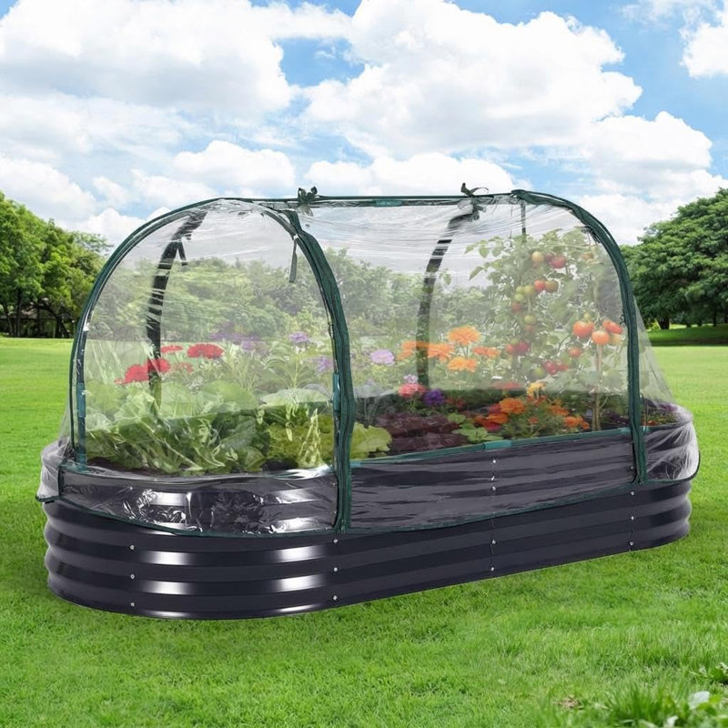 6x3x1 Ft Oval Galvanized Steel Raised Garden Bed Kit with Removable PVC Cover, Mesh Netting & Open Base, Gray