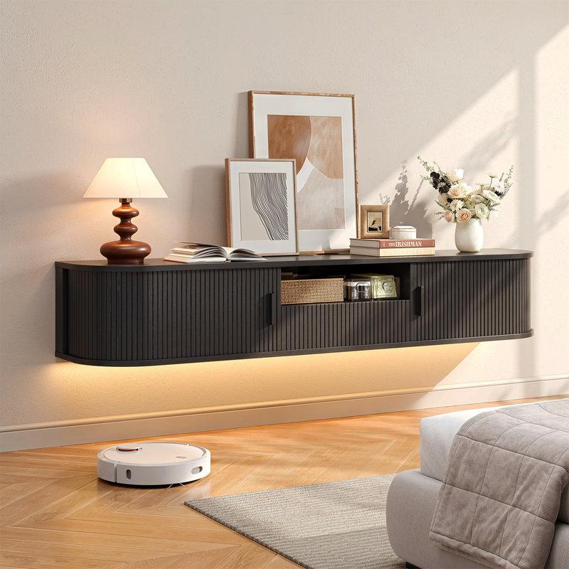 Meuble télé 70 po avec lumières à DEL, centre de divertissement moderne cannelé de style Mid-Century avec tiroir, prise de courant et commande pour application, console murale pour téléviseur de 80 po ou moins