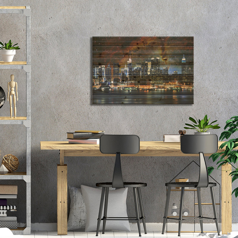 Horizon nébuleux de New York, par New York City, impression sans cadre sur bois, H 18 po x l 26 po x P 1,5 po