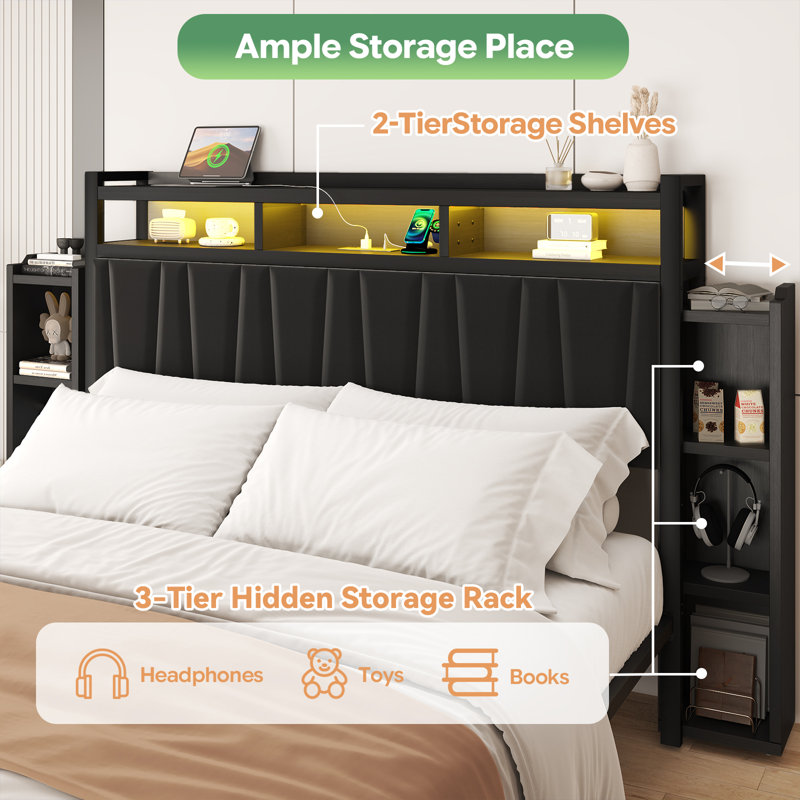 Upholstered King Size Bed Frame With 2 Storage Drawers & 2 Bedside Shelves, Modern Platform Bed With Charging Station & LED Light, Black