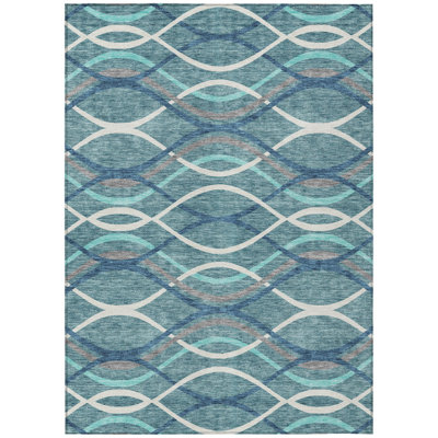 HomeRoots 8' X 10' Teal Blue Navy Blue And Gray Abstract Washable Indoor Outdoor Area Rug