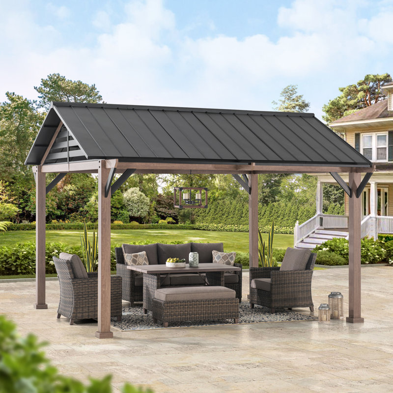 Sunjoy Hardtop Gazebo 13 x 13 ft. Outdoor Galvanized Steel Gazebo with Metal Gable Roof and Ceiling Hook, Suit for Patio and Backyard